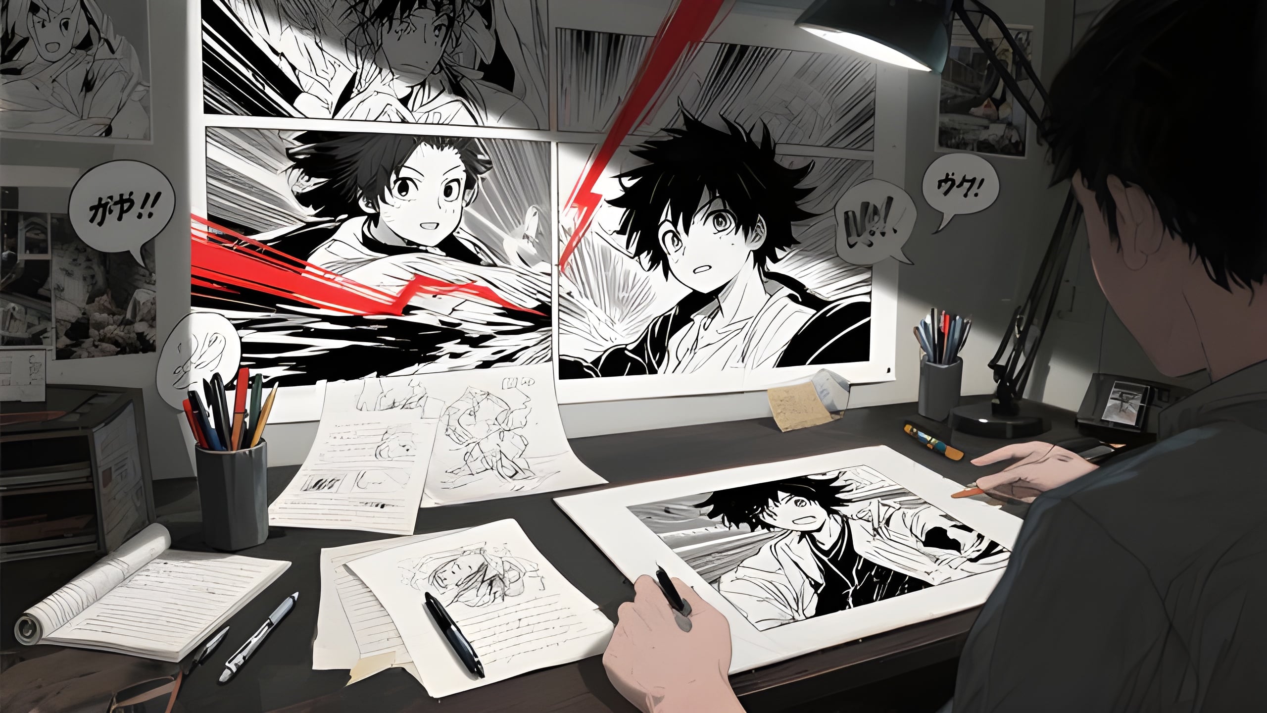 Manga artist's desk with manga panels