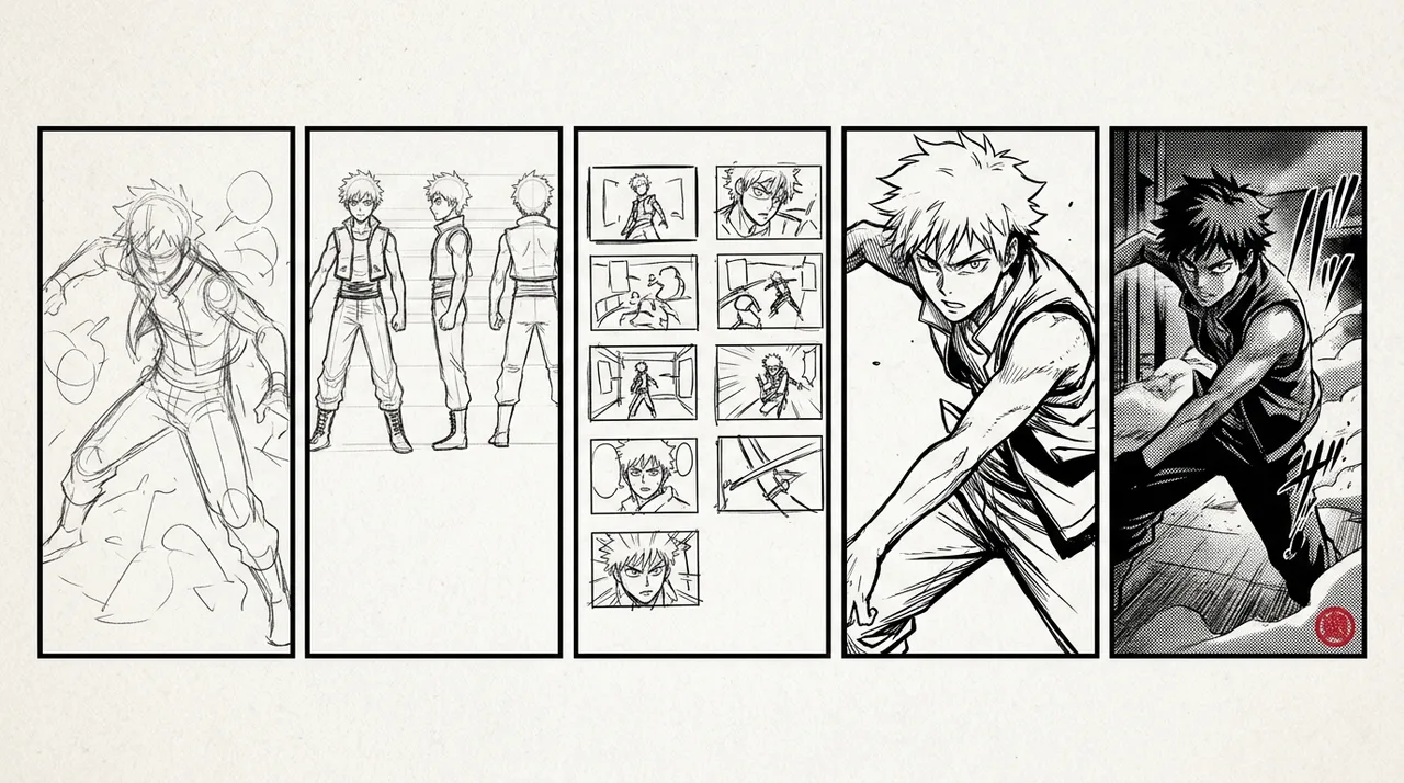A wide 5-panel sequential manga process strip illustrating rough concept doodle, character turnaround, panel layout flow, refined ink linework, and finished screentoned page