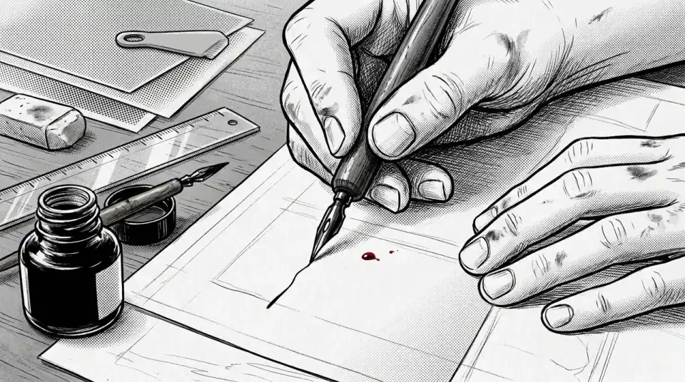 Close-up of artist hands holding a traditional G-pen inking on manga manuscript paper