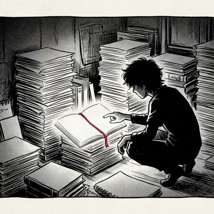 A warm spark of light glowing gently in the center crease of an open blank sketchbook in a quiet dim room