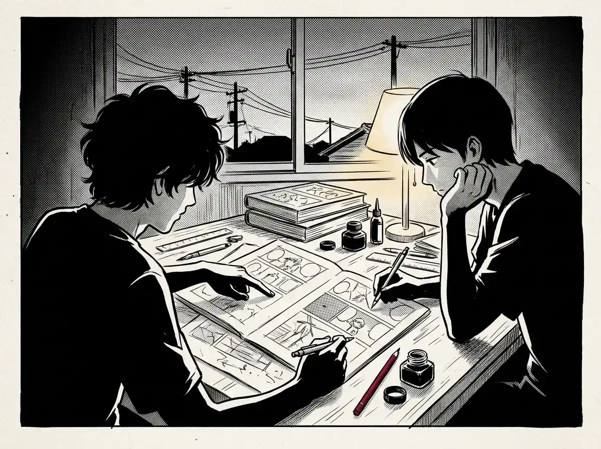 Stage 3 Collaborate: Writer Ren and Artist Aoi working side by side at a lighted editorial table