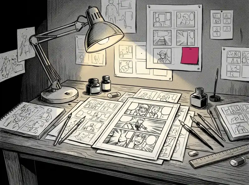 Stage 2 Develop: Manga storyboard drafting table with name layout and ruler