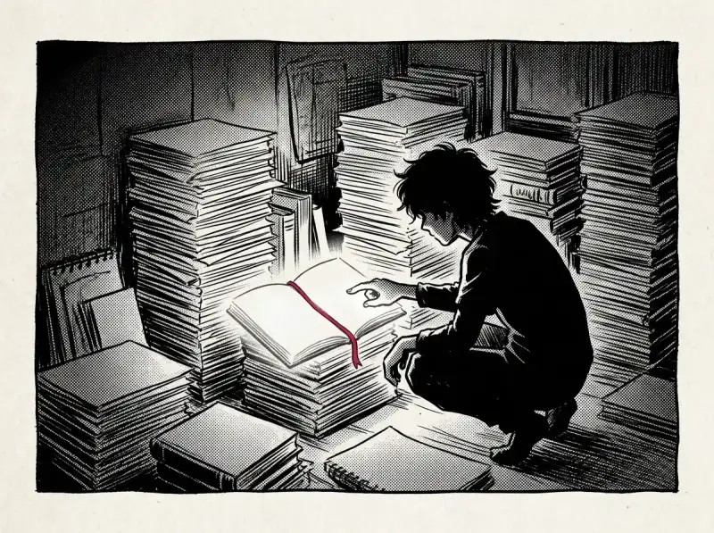 Stage 1 Discover: Lone creator Ren finding the glowing creative spark in a notebook