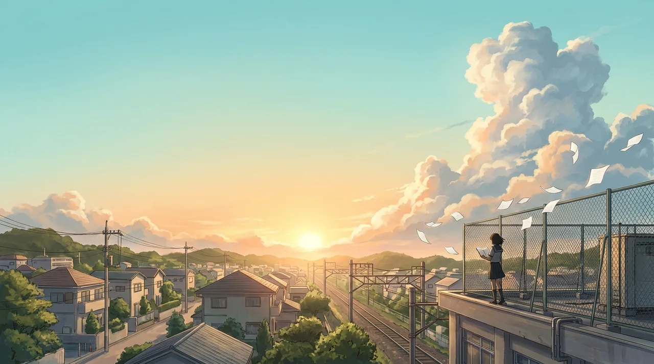 A vast dawn sky over a quiet town with morning sun and countless manuscript pages ascending gracefully into the clouds