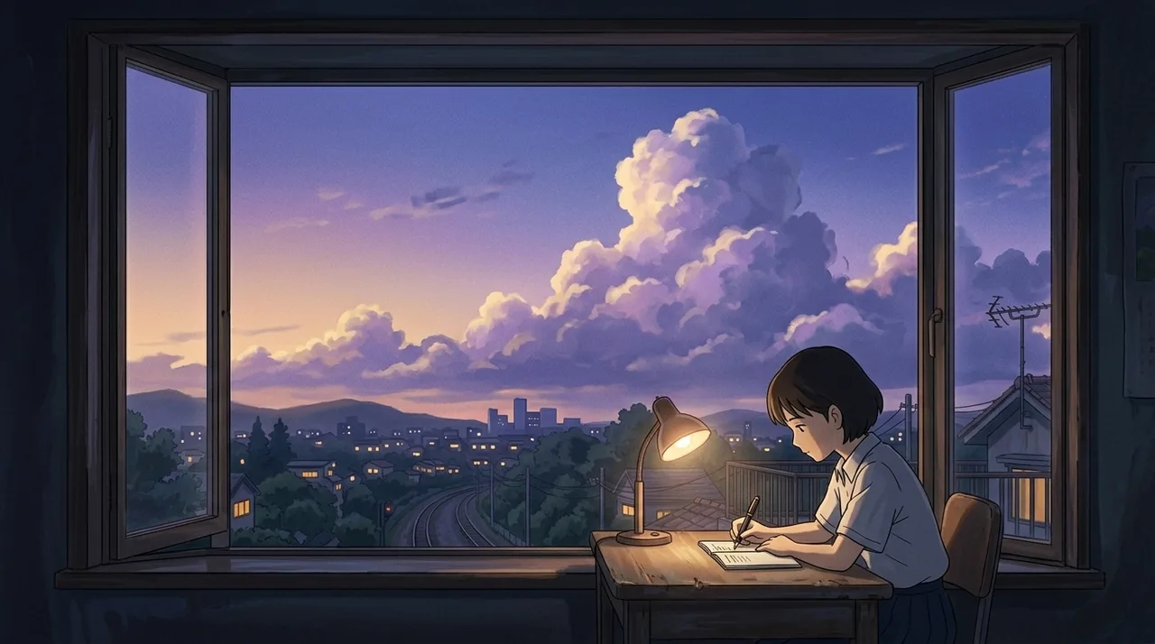 A person writing in a notebook by an open window overlooking a quiet twilight cityscape